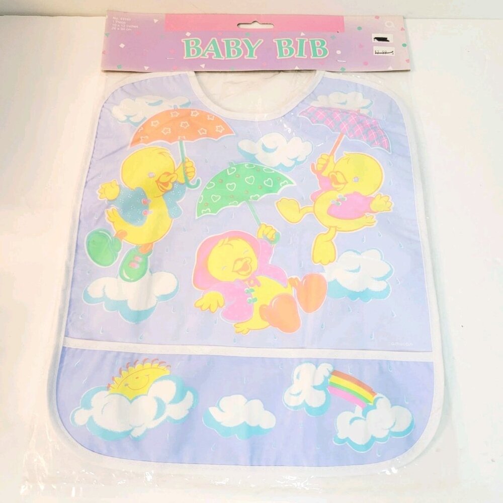 Vtg Bavette Amscan Multi Color Baby Ducks Rainbows Sun Clouds Umbrellas Bib